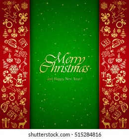 Golden Christmas decorative elements on red and green background, holiday decorations with inscriptions Merry Christmas and Happy New Year, illustration.