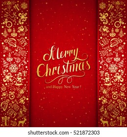 Golden Christmas decorative elements on red background, holiday decorations with inscriptions Merry Christmas and Happy New Year, illustration.