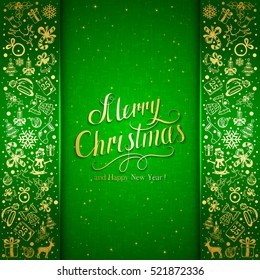Golden Christmas decorative elements on green background, holiday decorations with inscriptions Merry Christmas and Happy New Year, illustration.
