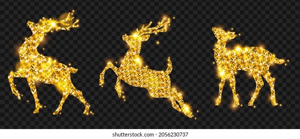 Golden Christmas deer glitter silhouette set, winter holiday reindeer decoration design, sparks, star. X-mas magic animal greeting decor, Noel celebration stag, season card items. Golden deer logo 