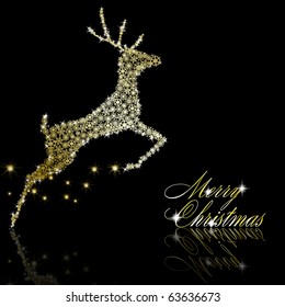 Golden Christmas  deer made of gold snowflakes with stars on black background. Vector eps10 illustration