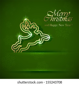 Golden Christmas deer on green background, illustration.