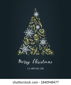 Golden Christmas design with snowflakes and decoration, hand drawn design with beautiful details, great for Christmas Cards, banners, wallpapers, textiles.