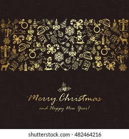 Golden Christmas elements on black background, holiday decorations with Christmas tree, balls, bells, candle, snowflakes, snowman and deer, illustration.
