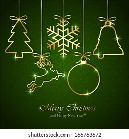 Golden Christmas elements on seamless green background, illustration.