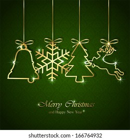 Golden Christmas elements on seamless green background, illustration.