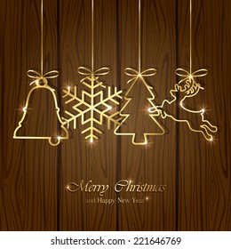 Golden Christmas elements on wooden background, illustration.