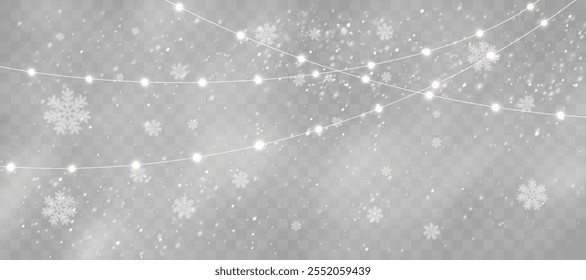 Golden Christmas Garlands in a Winter Wonderland: Bright Holiday Lights with Snowy Effects