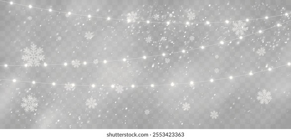 Golden Christmas Garlands in a Winter Wonderland: Bright Holiday Lights with Snowy Effects