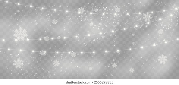 Golden Christmas Garlands in a Winter Wonderland: Bright Holiday Lights with Snowy Effects