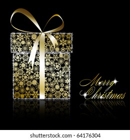 Golden Christmas gift box made of gold snowflakes with stars on black background. Vector eps10 illustration