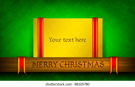 Golden Christmas gift card with red ribbons and wooden board