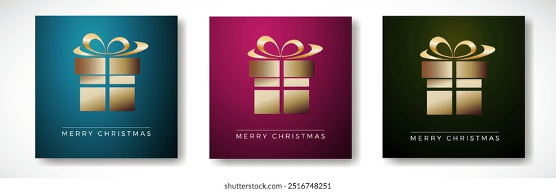 Golden christmas gift icon appearing on colorful modern backgrounds, perfect for christmas cards. Vector template in three colors