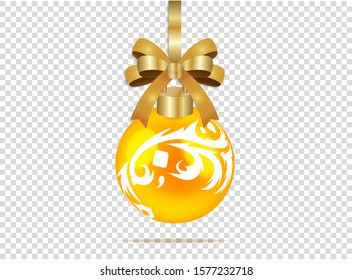 Golden christmas glass ball with white pattern and bow on transparent background. Isolated xmas decoration. Realistic vector illustration for your business and design. All elements are editable. EPS10