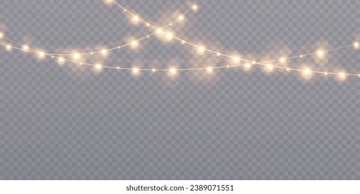 Golden Christmas glowing garlands with highlights. Christmas garlands on a transparent background. Vector