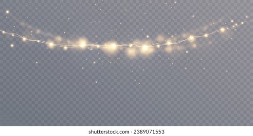 Golden Christmas glowing garlands with highlights. Christmas garlands on a transparent background. Vector