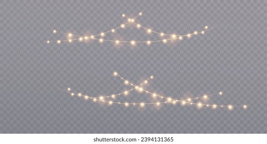 Golden Christmas glowing garlands with highlights. Christmas garlands on a transparent background. Vector