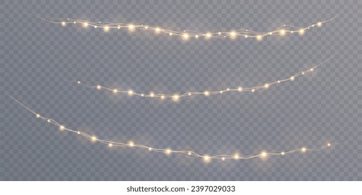 Golden Christmas glowing garlands with highlights. Christmas garlands on a transparent background. Vector