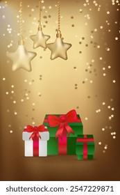 Golden Christmas Gradient Mesh background Vector Illustration Greeting card golden stars hanging Light gold Sun rays Copy space Vertical template Festive gifts
