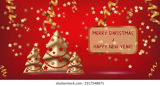 Natal dourado Gradiente Malha Vetor Ilustração Cartão de saudação estrelas douradas penduradas Fundo vermelho Texto Feliz Natal e Feliz Ano Novo Raios festivos Árvores de abeto dourado Ano Novo