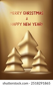 Golden Christmas Gradient Mesh Vector Illustration Vertical greeting card Light gold background Text Merry Christmas and Happy New Year Festive rays Golden fir trees New year trees Xmas