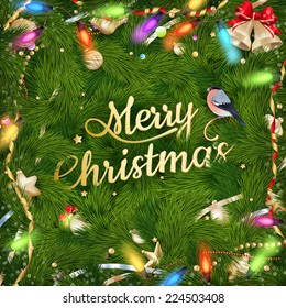 Golden Christmas greeting with baubles on fir-tree branches. EPS 10 vector file included