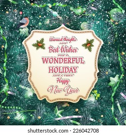 Golden Christmas greeting with baubles on fir-tree branches. EPS 10 vector file included