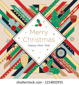 Golden Christmas greeting card. Multicolored Christmas elements on a golden background. New Year's design template with a window for text. Vector flat.