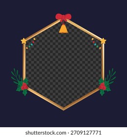 Golden Christmas Hexagonal Frame with Holly Berries, Jingle Bell, Lights and Festive Ornaments