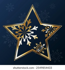 Golden Christmas holiday star with snowflakes, new year design
