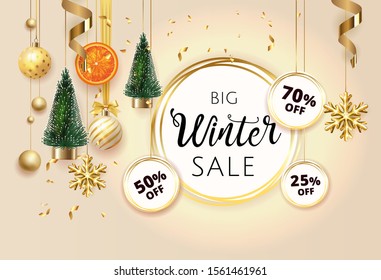 Golden Christmas holiday winter sale price off tag poster beige. Festive xmas decoration gold christmas balls , fir tree, orange, light garland. Vector illustration banner design template EPS