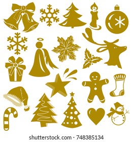 Golden Christmas Icons Isolated on White Background. Vector Illustration