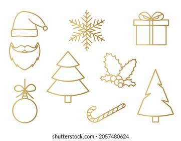 Golden christmas icons set. Santa Claus, snowflake, gift, christmas tree, candy cane, baubble and holly berry - vector illustration