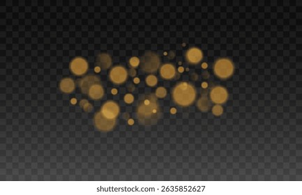 Gouden Kerst licht effect met glinsterende deeltjes, gloeiend sterrenstof, feestelijke confetti, witte glinstering en glinstering, abstracte bokeh achtergrond, luxe vector design en heldere vakantie kaart

