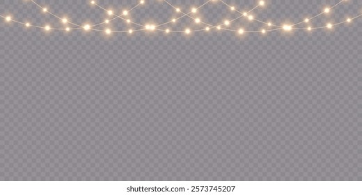 Golden Christmas Light Garlands: Glowing Chains of LED Bulbs with Glitter for Holiday Illustrations, Postcards, Invitations, and Festive Banner Designs