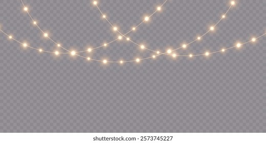 Golden Christmas Light Garlands: Glowing Chains of LED Bulbs with Glitter for Holiday Illustrations, Postcards, Invitations, and Festive Banner Designs