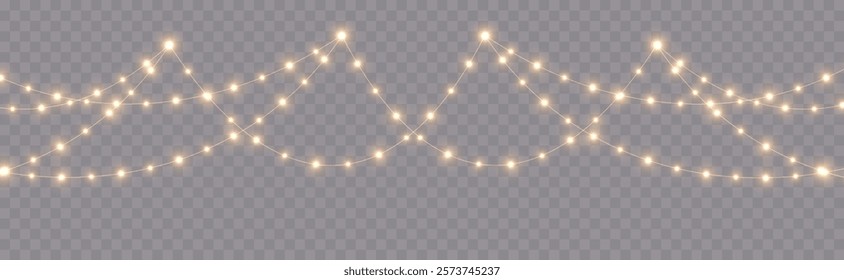 Golden Christmas Light Garlands: Glowing Chains of LED Bulbs with Glitter for Holiday Illustrations, Postcards, Invitations, and Festive Banner Designs