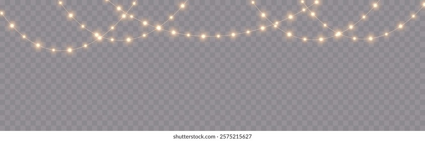 Golden Christmas Light Garlands: Glowing Chains of LED Bulbs with Glitter for Holiday Illustrations, Postcards, Invitations, and Festive Banner Designs