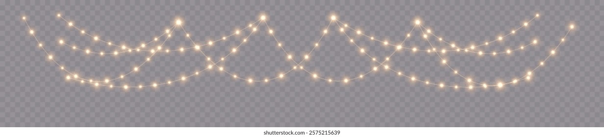 Golden Christmas Light Garlands: Glowing Chains of LED Bulbs with Glitter for Holiday Illustrations, Postcards, Invitations, and Festive Banner Designs