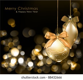 Golden Christmas lights background with ornaments. Vector Illustration.