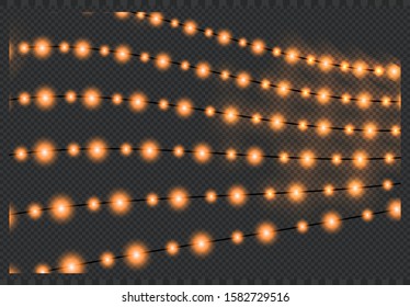 Golden christmas lights isolated realistic design elements. Glowing lights for greeting card design. Garlands, Christmas decorations. Beautiful light background.