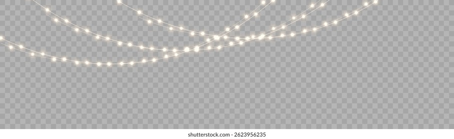 Golden Christmas lights sparkle softly on transparent background. Garland of bulbs curves gently in festive holiday layout. Glowing wires add warmth to New Year decorations. Realistic string lights
