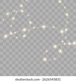 Golden Christmas lights sparkle softly on transparent background. Garland of bulbs curves gently in festive holiday layout. Glowing wires add warmth to New Year decorations. Realistic string lights