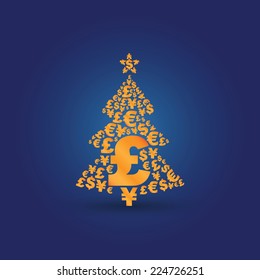 Golden Christmas money tree made from most popular currencies signs