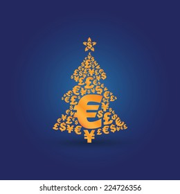 Golden Christmas money tree made from most popular currencies signs