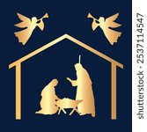 Golden Christmas Nativity and Angels. Vector Graphics