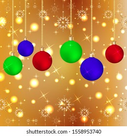 Golden Christmas and New Year background with beautiful colored Christmas balls on gold chains, with highlights, twinkling stars and snowflakes.