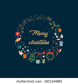 Golden Christmas and New Year card with Christmas decorations.
christmas wreath. Presents in boxes, cooked gingerbread man,  sock and holly plant. Decoration of snowflakes and candles, candies and sta