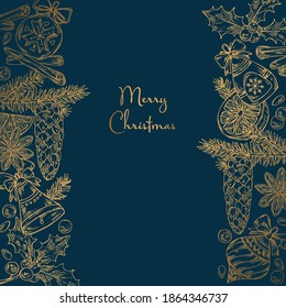 Golden Christmas and New Year card with holly tree branch with cone, holly plant, orange, star anise, cinnamon and christmas decoration. Vector hand drawn illustration.