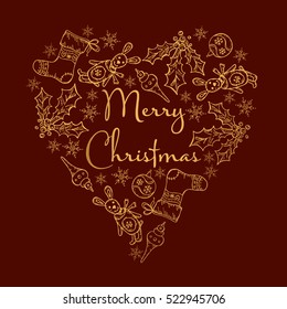 Golden Christmas and New Year card in the shape of a heart with Christmas decorations. hand drawn